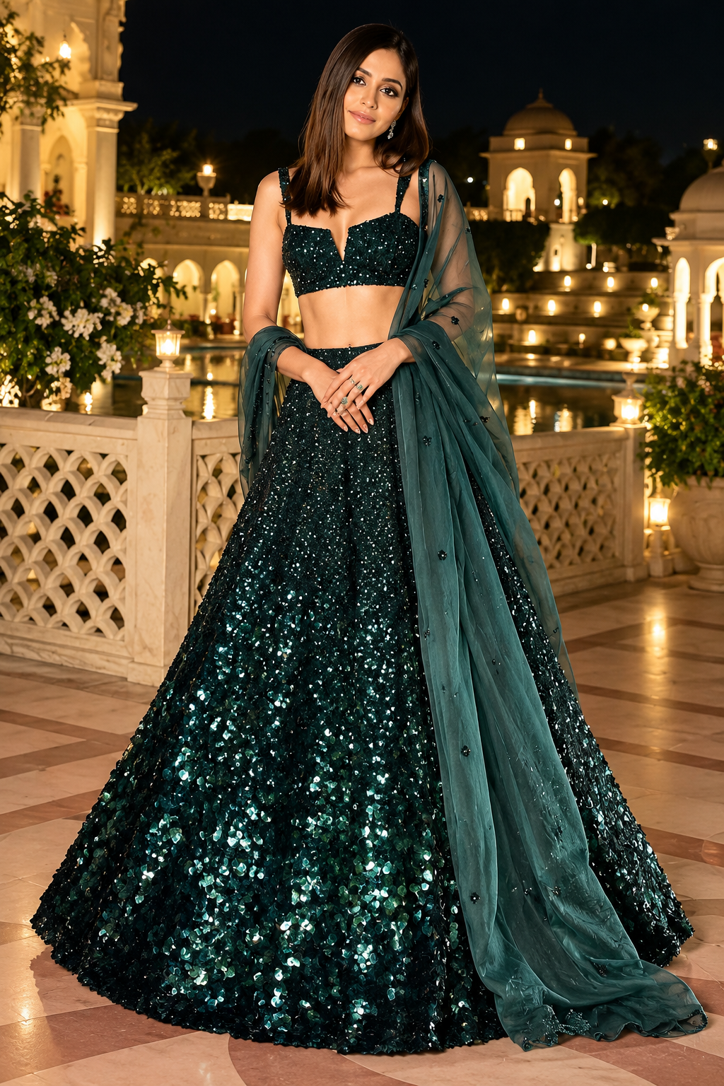 Gleaming Emerald Green Sequin Velvet Lehenga Choli