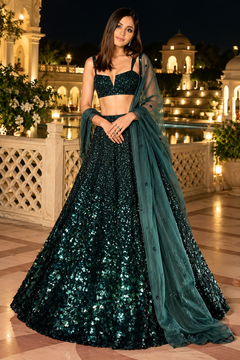 Gleaming Emerald Green Sequin Velvet Lehenga Choli