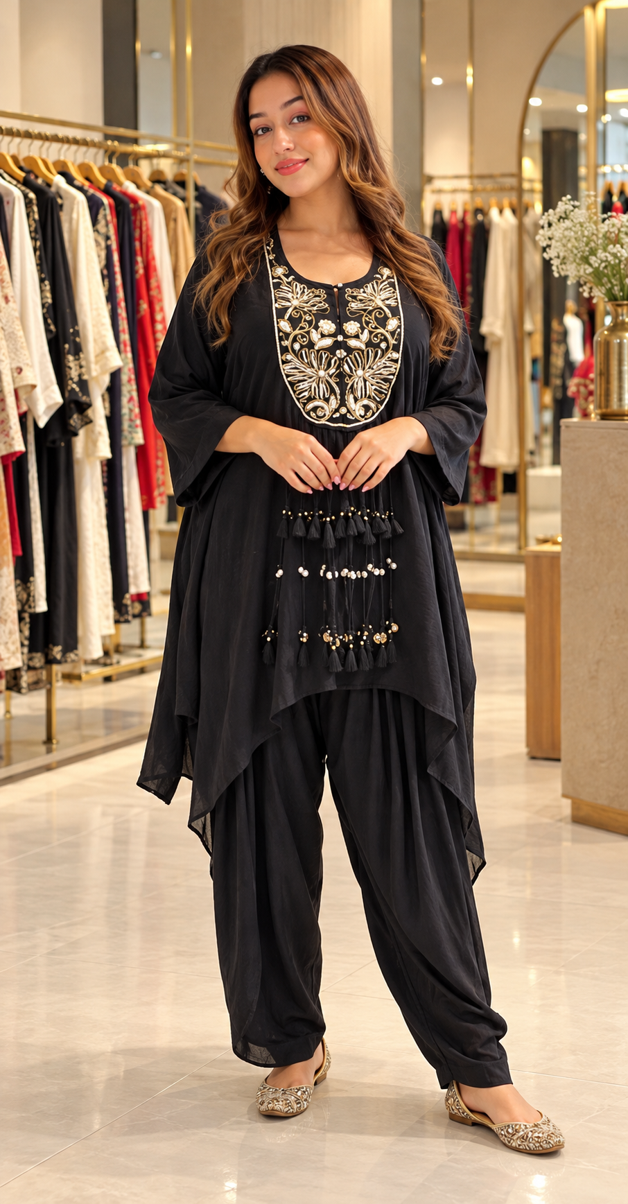 Safa Ivory Satin Embroidered Kaftaan Palazzo Set