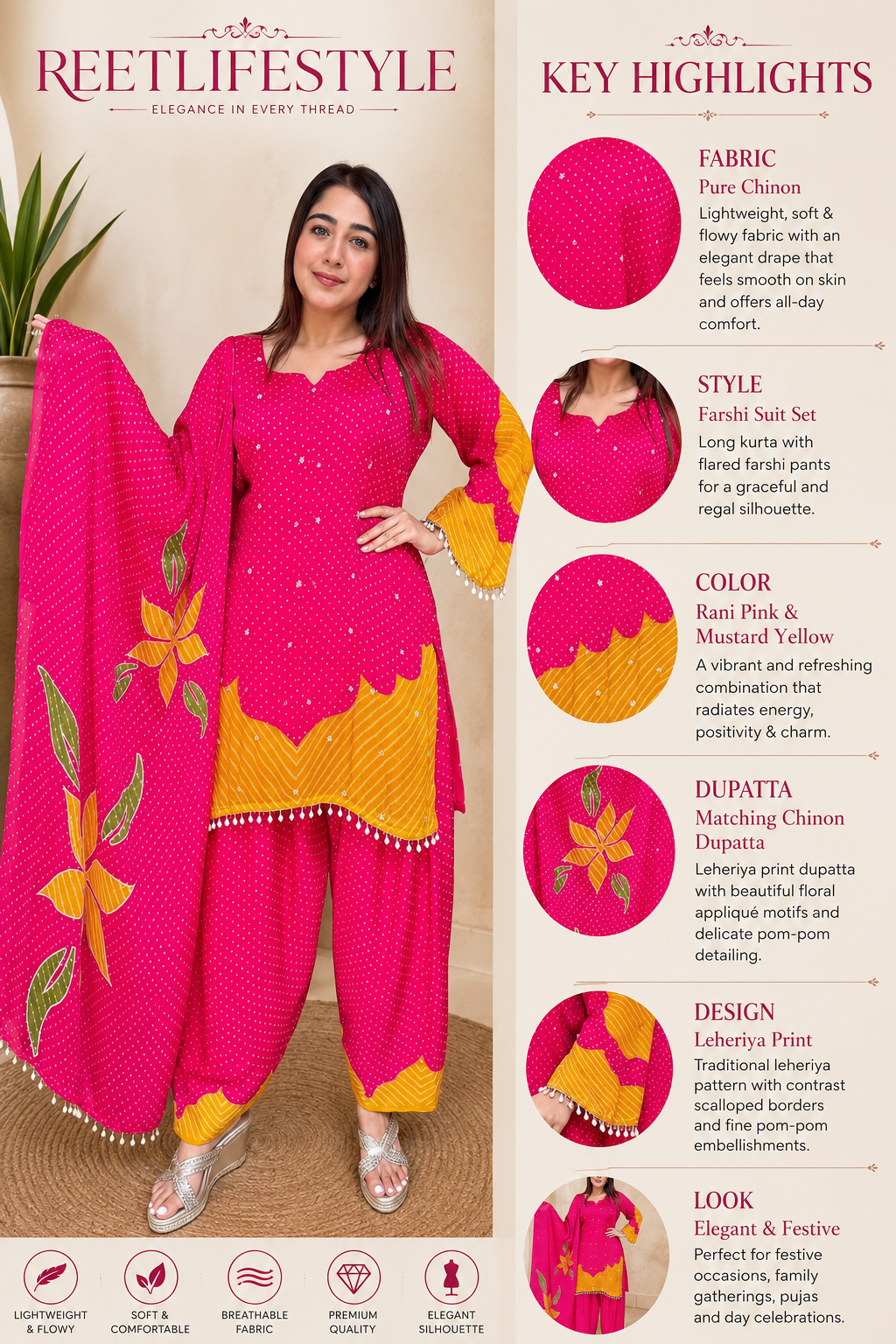 Pure Chinon Farshi Suit Set with Leheriya Print & Dupatta
