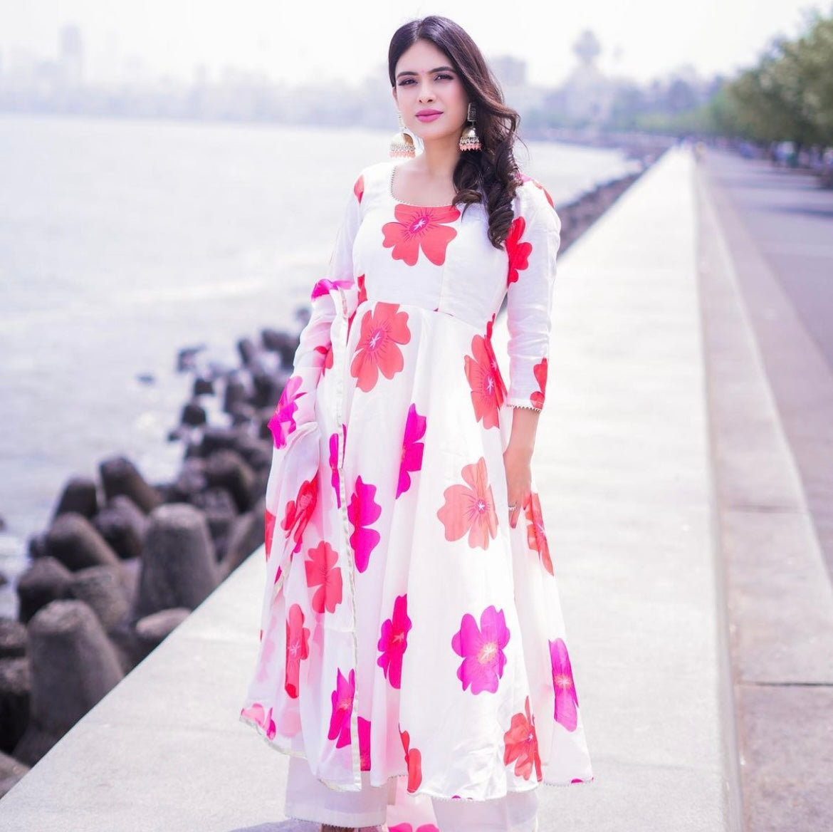 Pink and orange Anarkali set