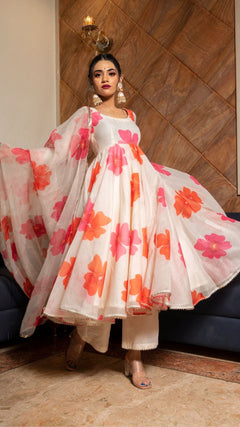 Carnation Off White Anarkali Set With Organza Dupatta