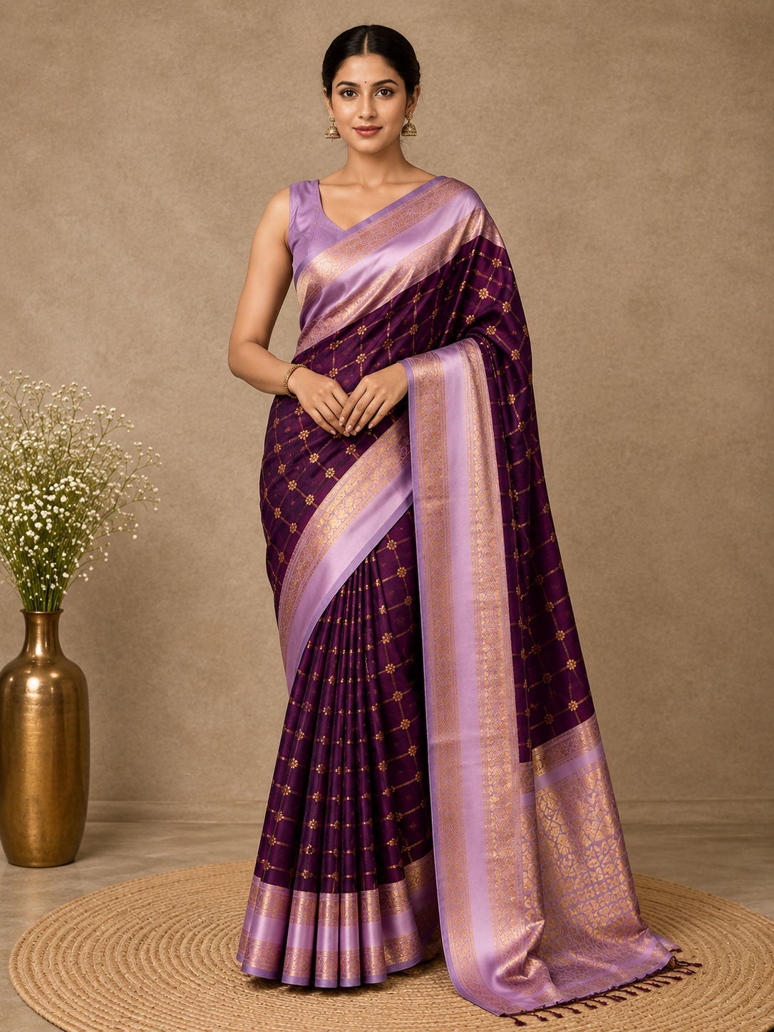 Banarasi Silk Saree with Lavender Zari Border