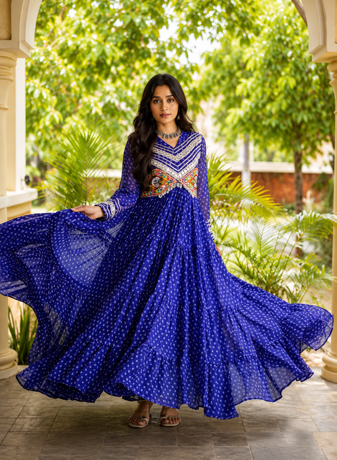 Bandhani Printed Gown with Kutchi Patchwork