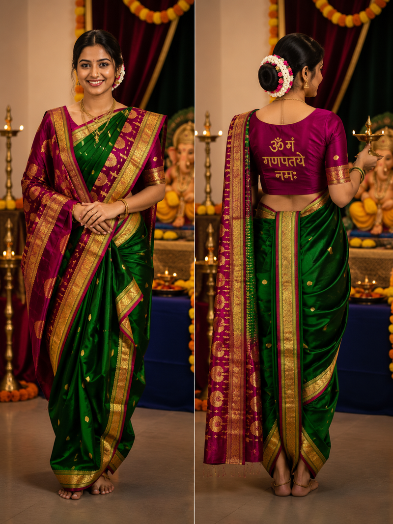 Jijamata Pure Cotton Silk 9-Yard Nauvari Paithani Saree With Morani Pallu