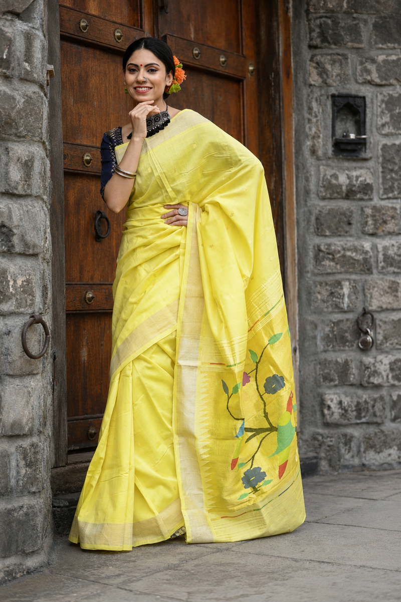 Pure Cotton Handloom Paithani Saree Lemon Yellow Designer Edition