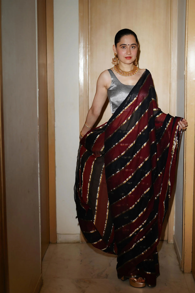 Maroon Black Mul Cotton Kaashni Saree