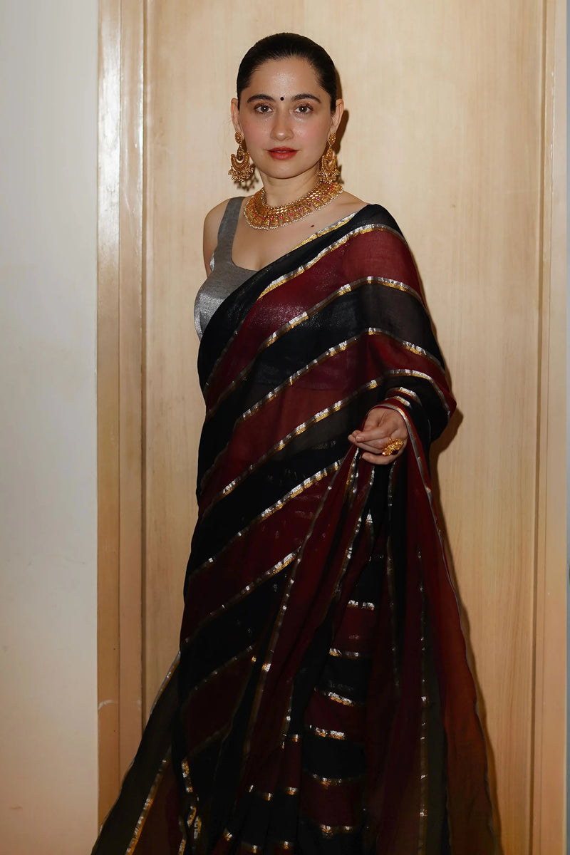 Maroon Black Mul Cotton Kaashni Saree