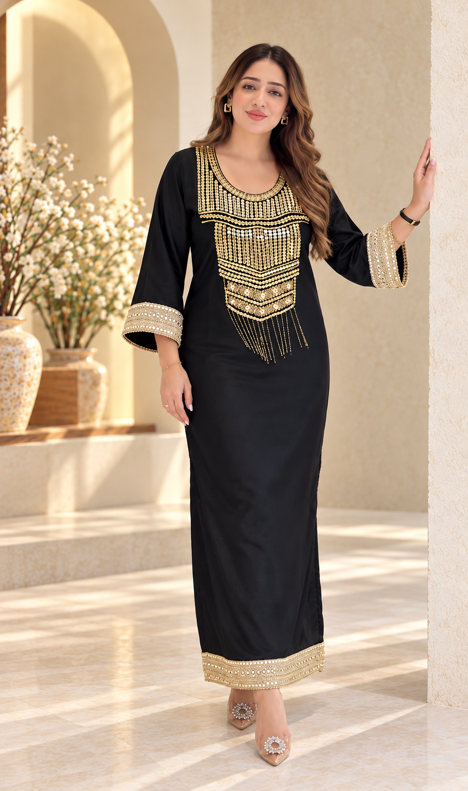 Noor-E-Shaam Black Gold Embroidered Kaftan Dress