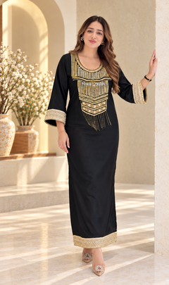 Noor-E-Shaam Black Gold Embroidered Kaftan Dress