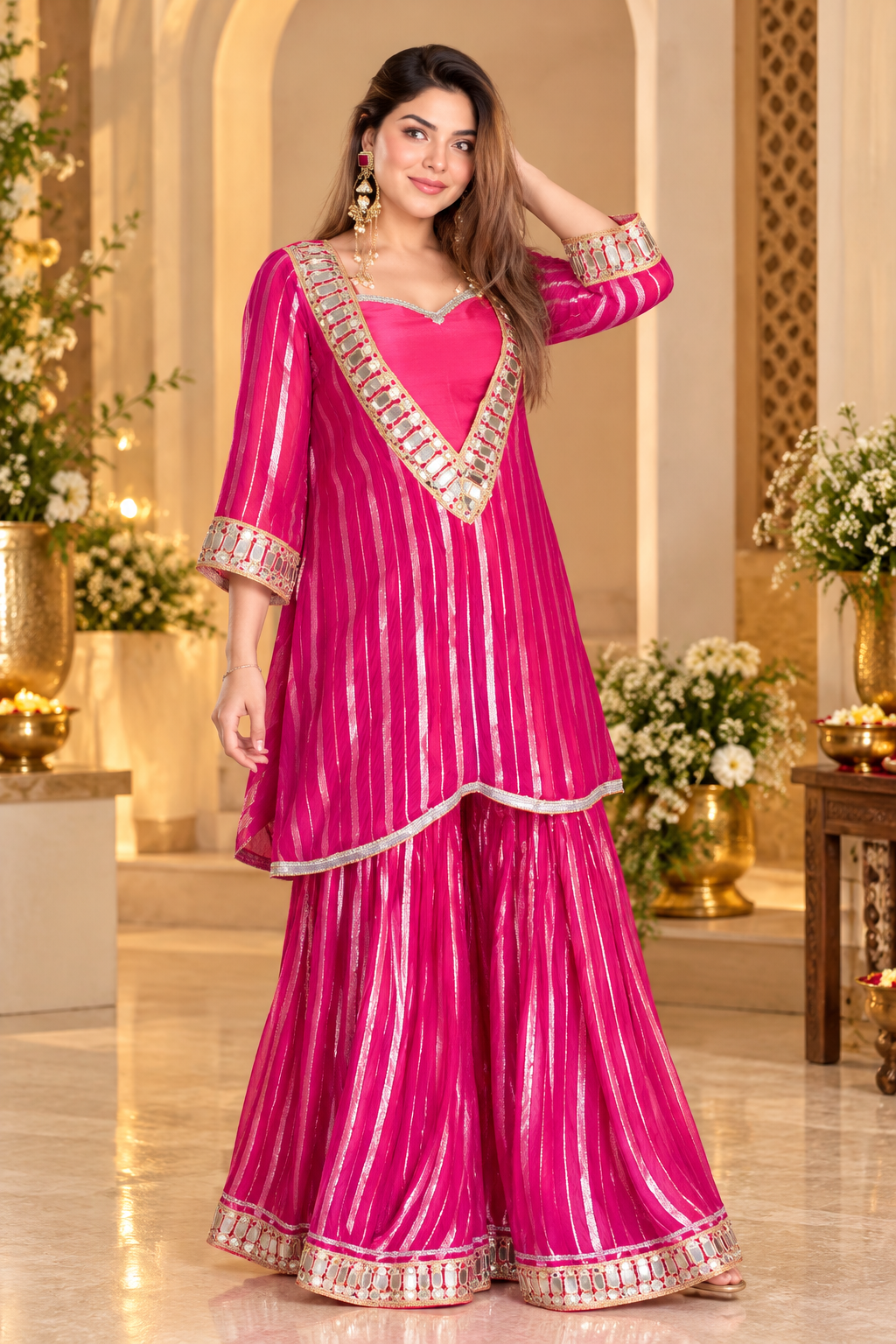 Rani Pink Georgette Kaftan Sharara Set with Real Mirror