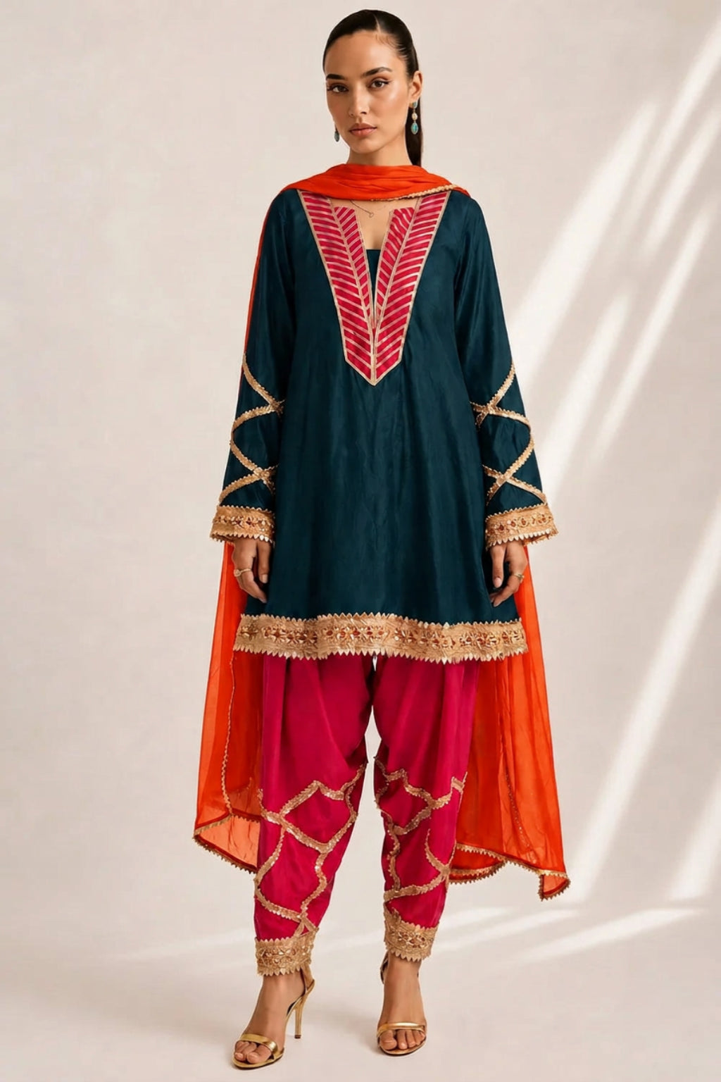 Silk Blend Red Kurti Pant Set with Embroidered Dupatta – 3 Piece Festive Suit