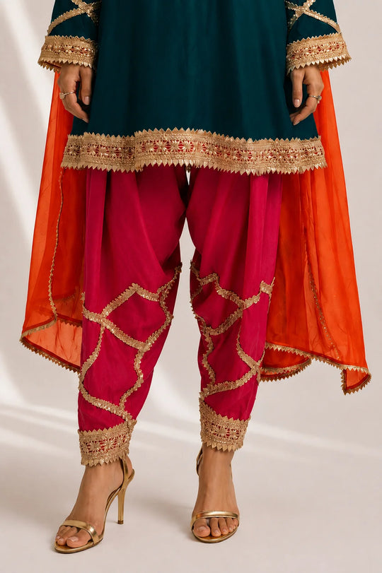 Silk Blend Red Kurti Pant Set with Embroidered Dupatta – 3 Piece Festive Suit