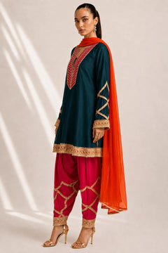 Silk Blend Red Kurti Pant Set with Embroidered Dupatta – 3 Piece Festive Suit