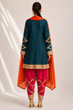Silk Blend Red Kurti Pant Set with Embroidered Dupatta – 3 Piece Festive Suit