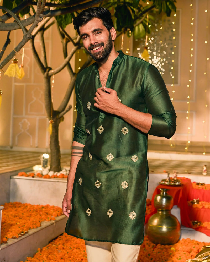 Chanderi Dark Green Embroidered Kurta