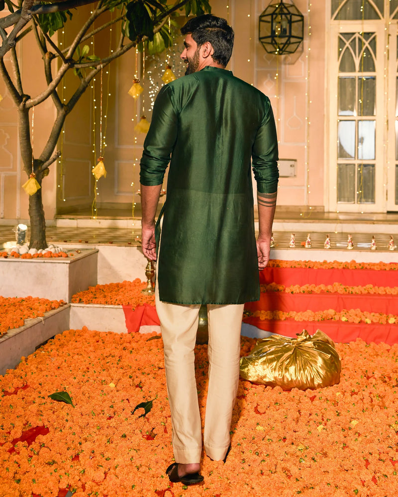 Chanderi Dark Green Embroidered Kurta