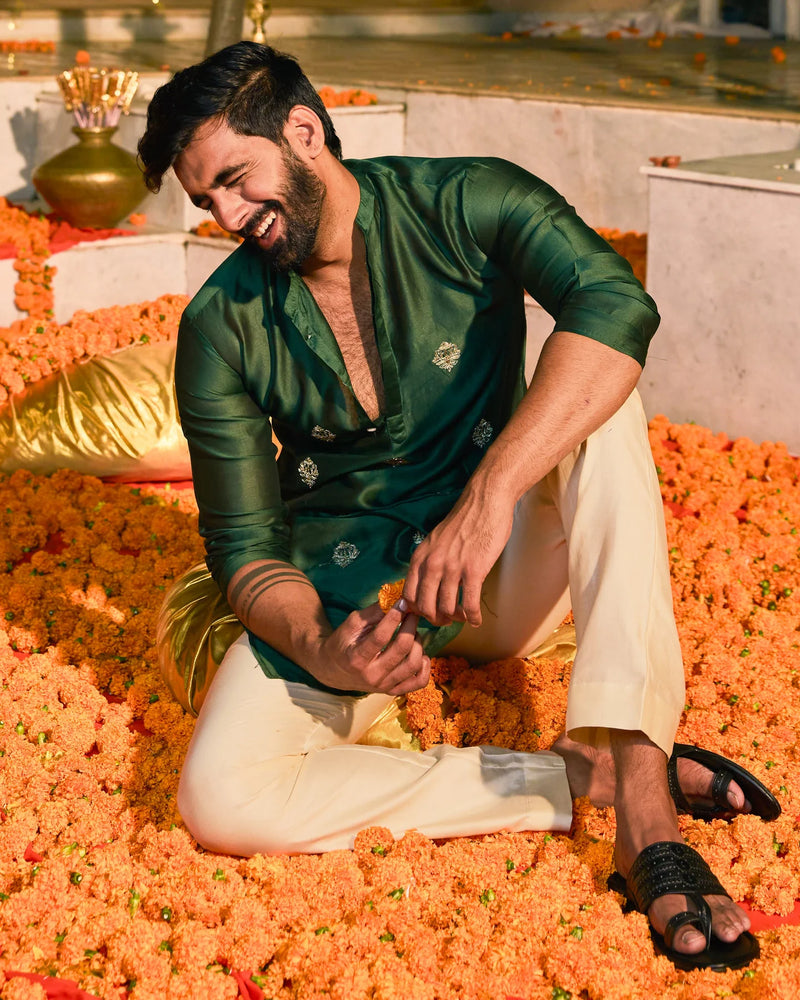 Chanderi Dark Green Embroidered Kurta