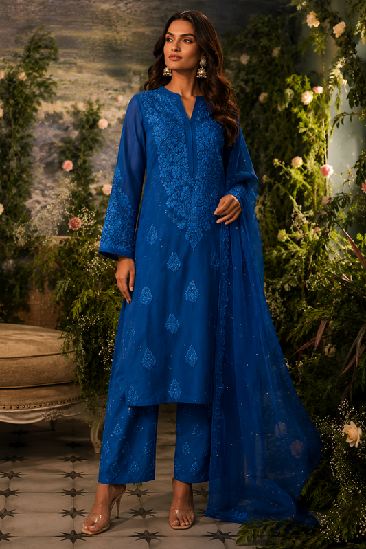 Royal Azure Three Piece Pure Viscose Georgette Suit Set