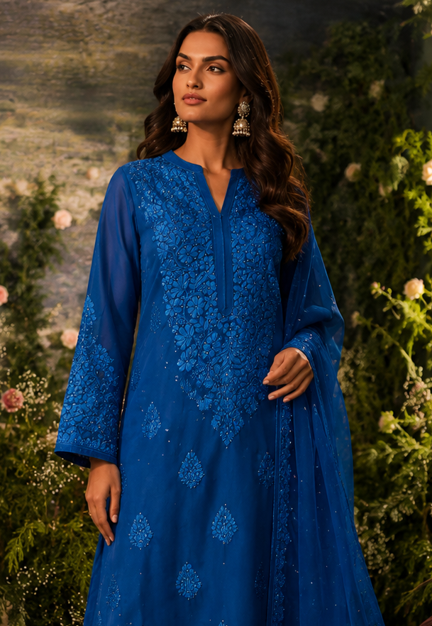 Royal Azure Three Piece Pure Viscose Georgette Suit Set