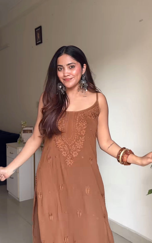 Mehfil Brown Cotton Chikankari Kurta