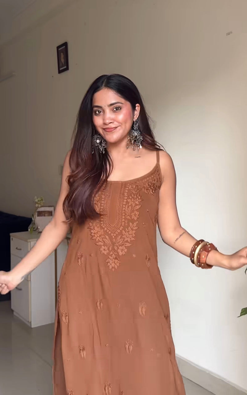 Mehfil Brown Cotton Chikankari Kurta