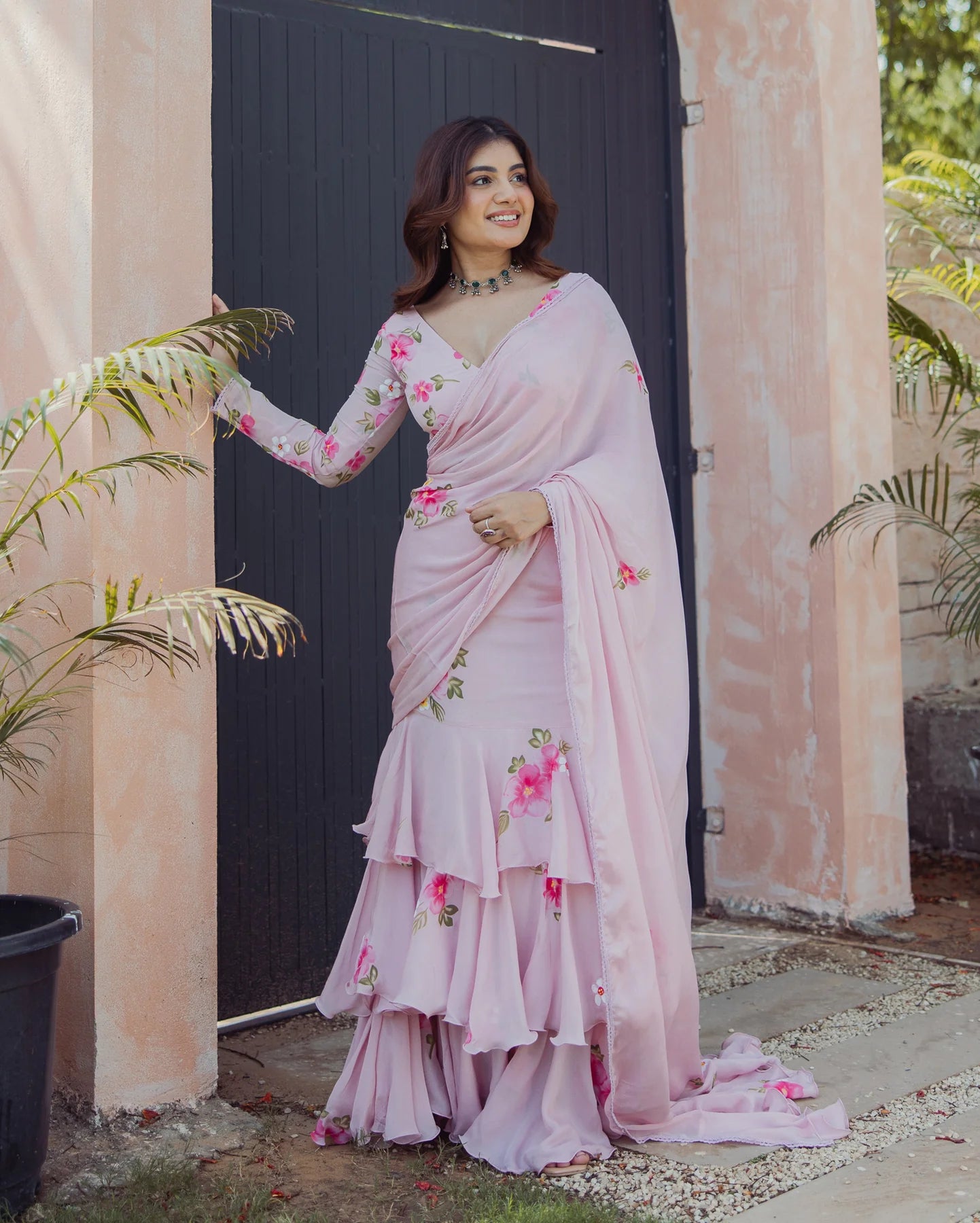 Chinon Bloom Pink Handpainted Pre-Draped Saree