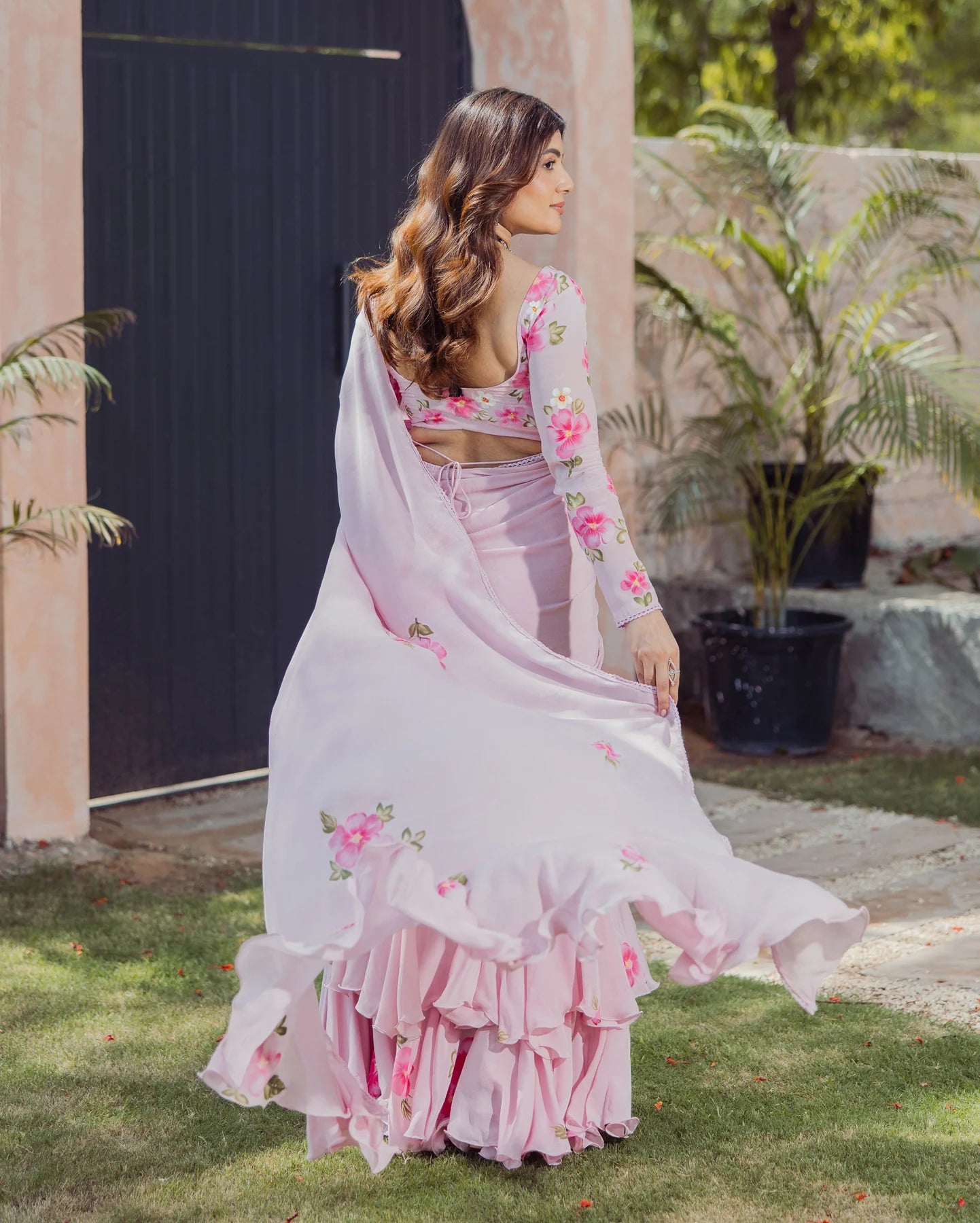 Chinon Bloom Pink Handpainted Pre-Draped Saree