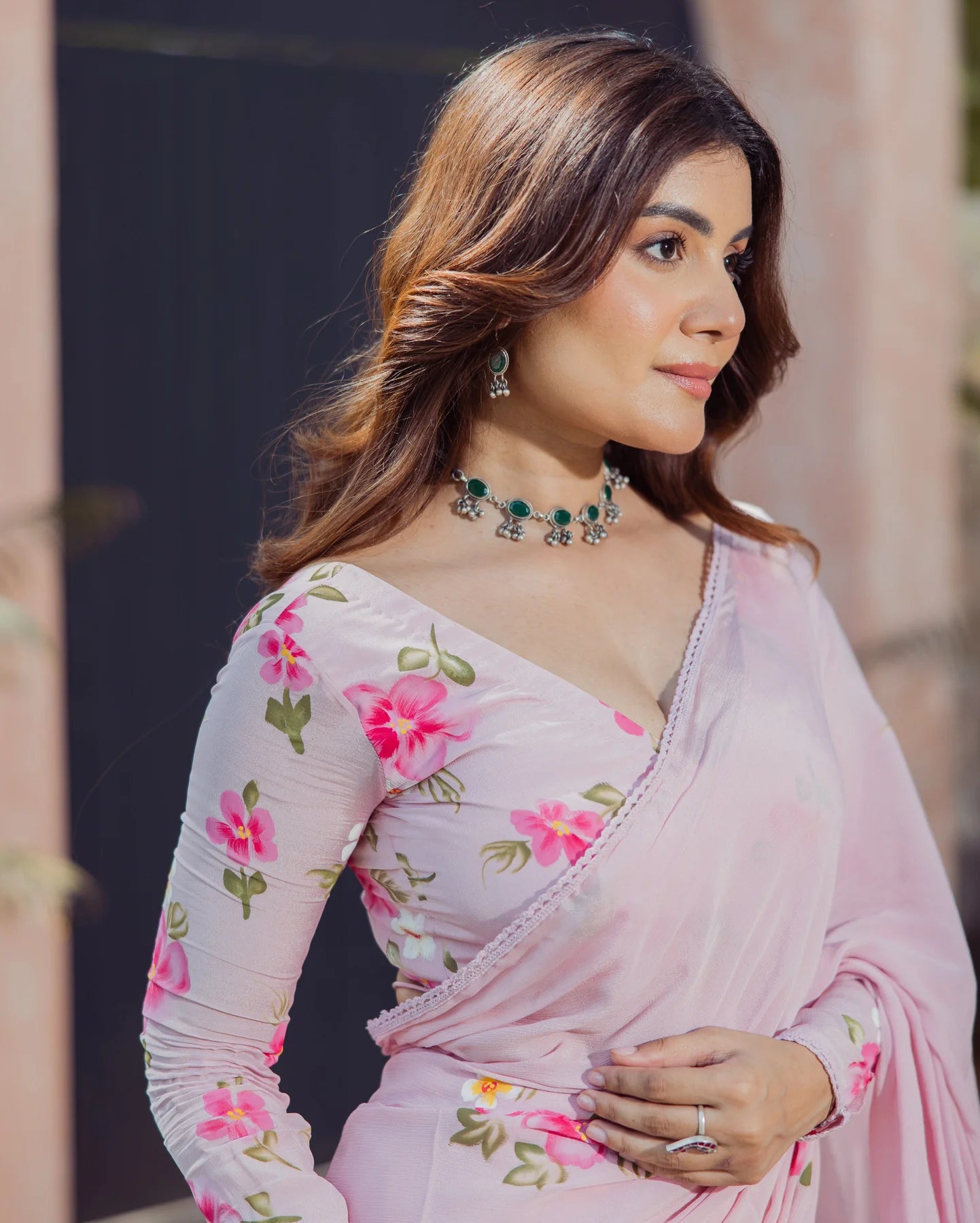 Chinon Bloom Pink Handpainted Pre-Draped Saree