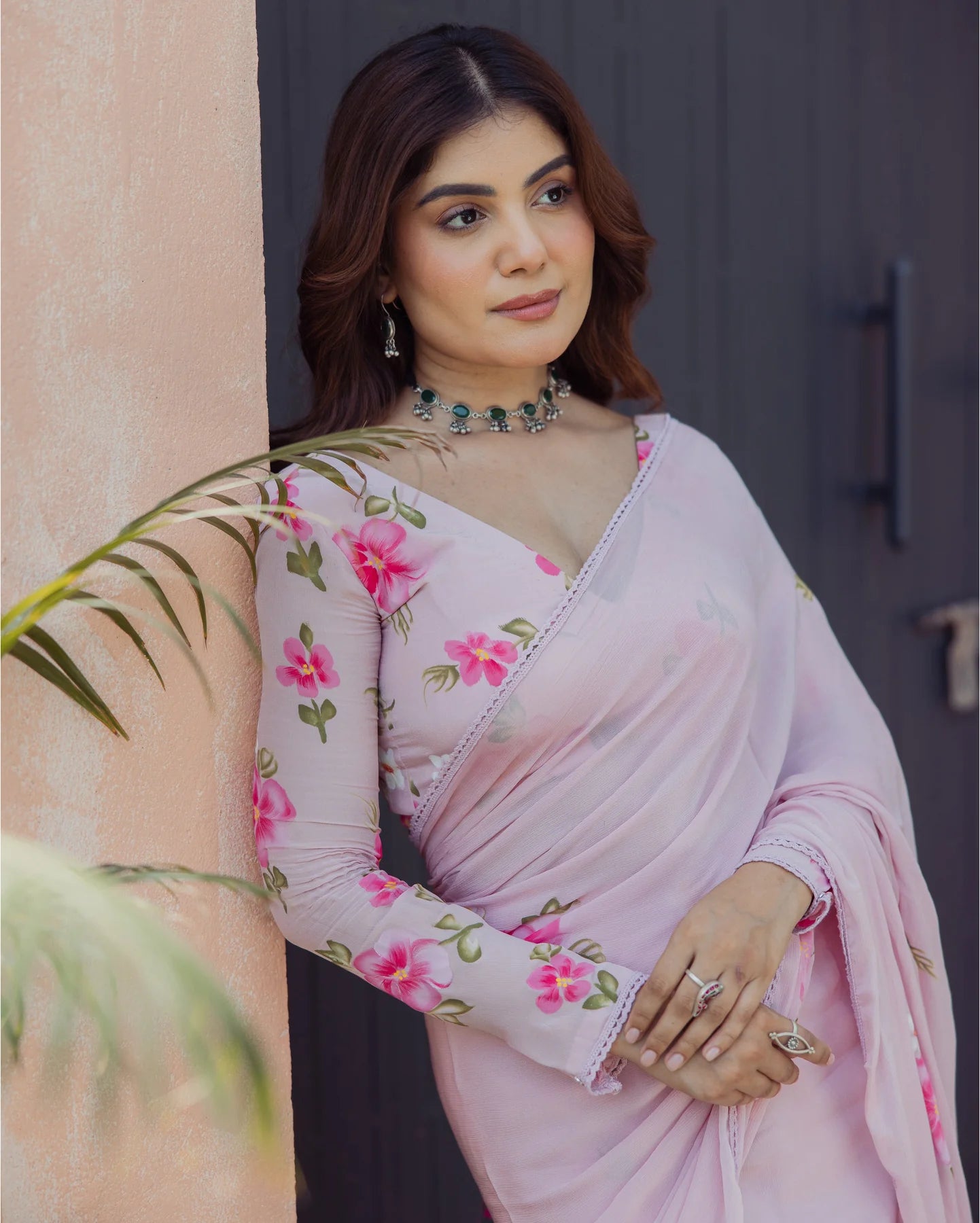Chinon Bloom Pink Handpainted Pre-Draped Saree