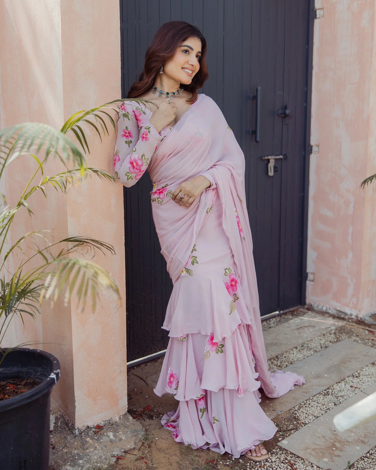Chinon Bloom Pink Handpainted Pre-Draped Saree