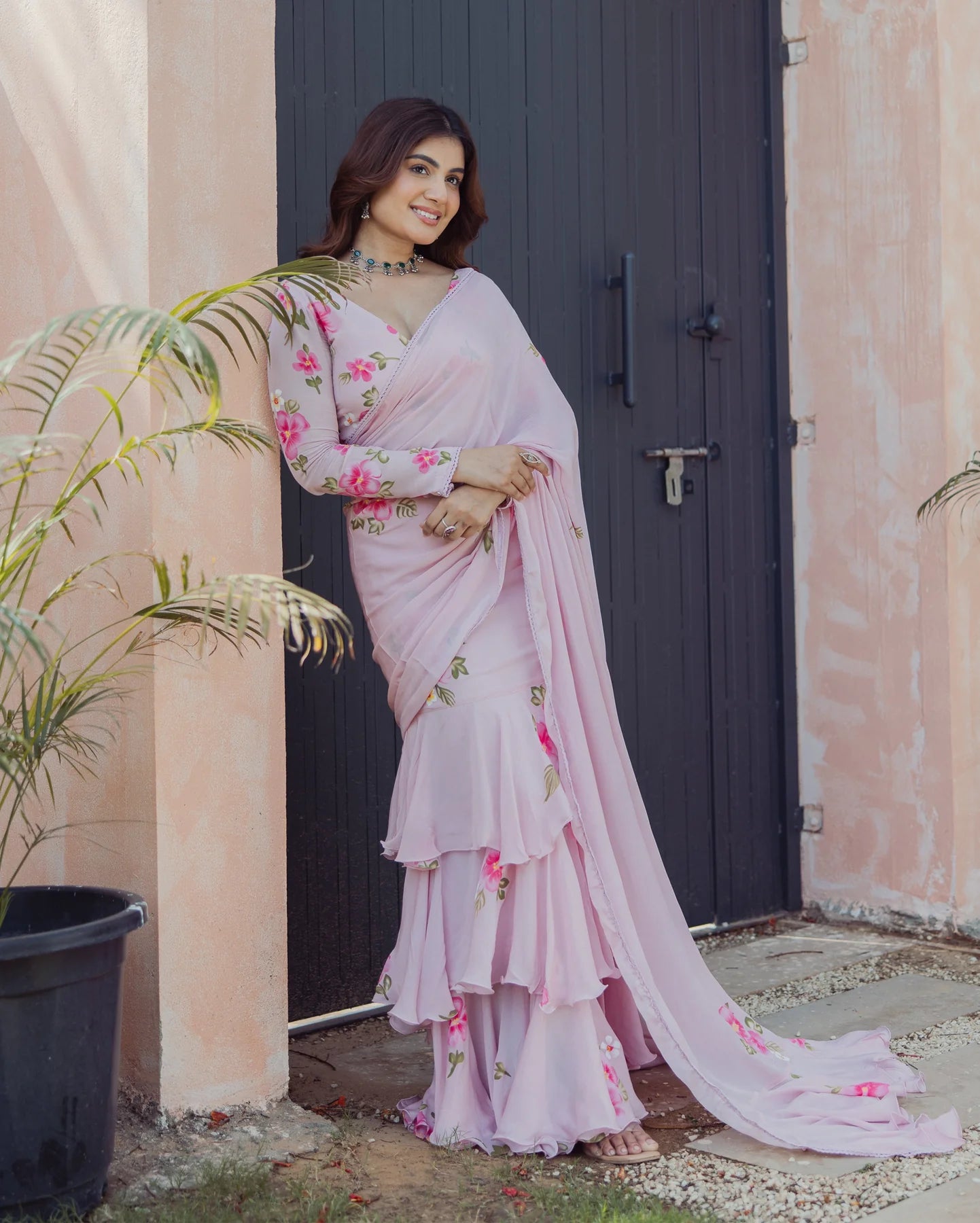 Chinon Bloom Pink Handpainted Pre-Draped Saree