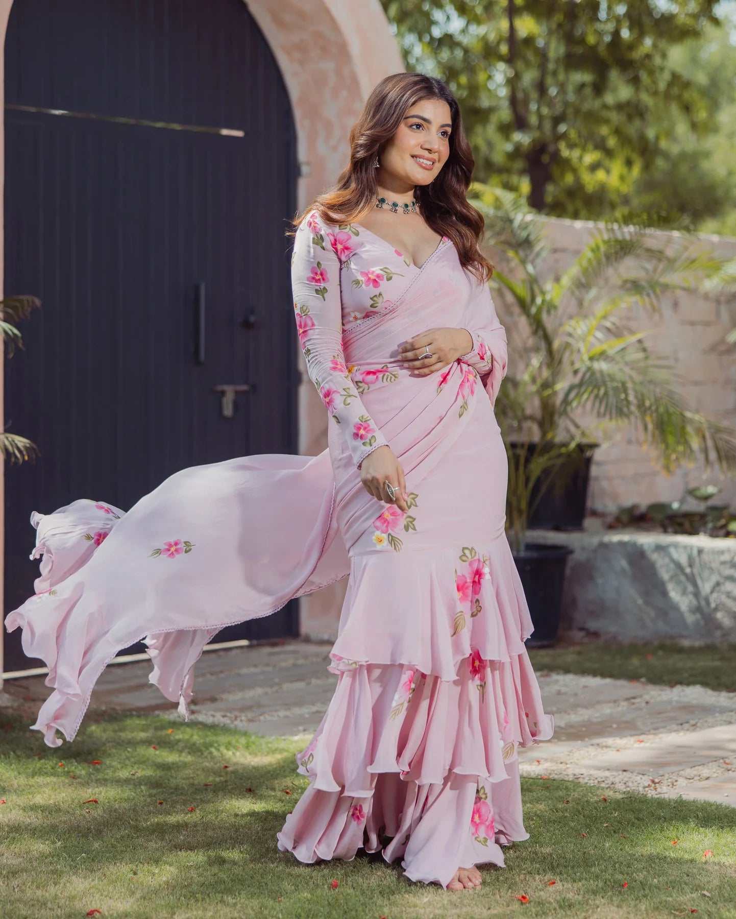 Chinon Bloom Pink Handpainted Pre-Draped Saree