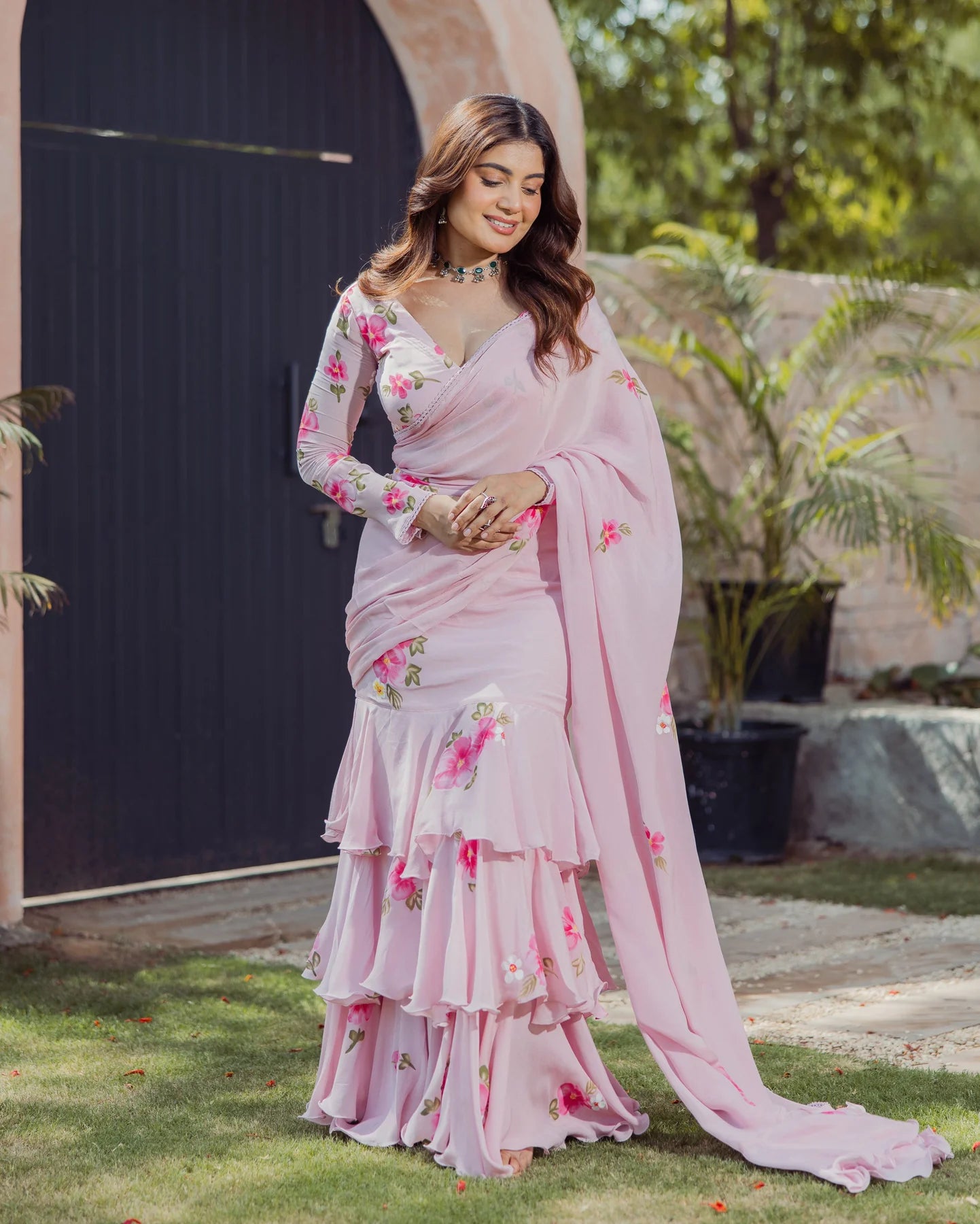 Chinon Bloom Pink Handpainted Pre-Draped Saree
