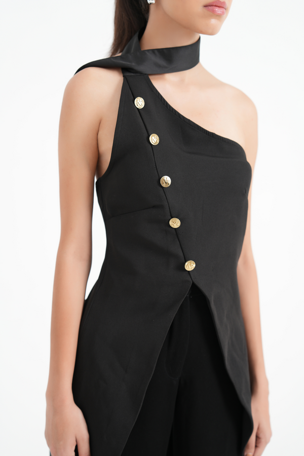 Off-Shoulder Classique Neck Tie Top