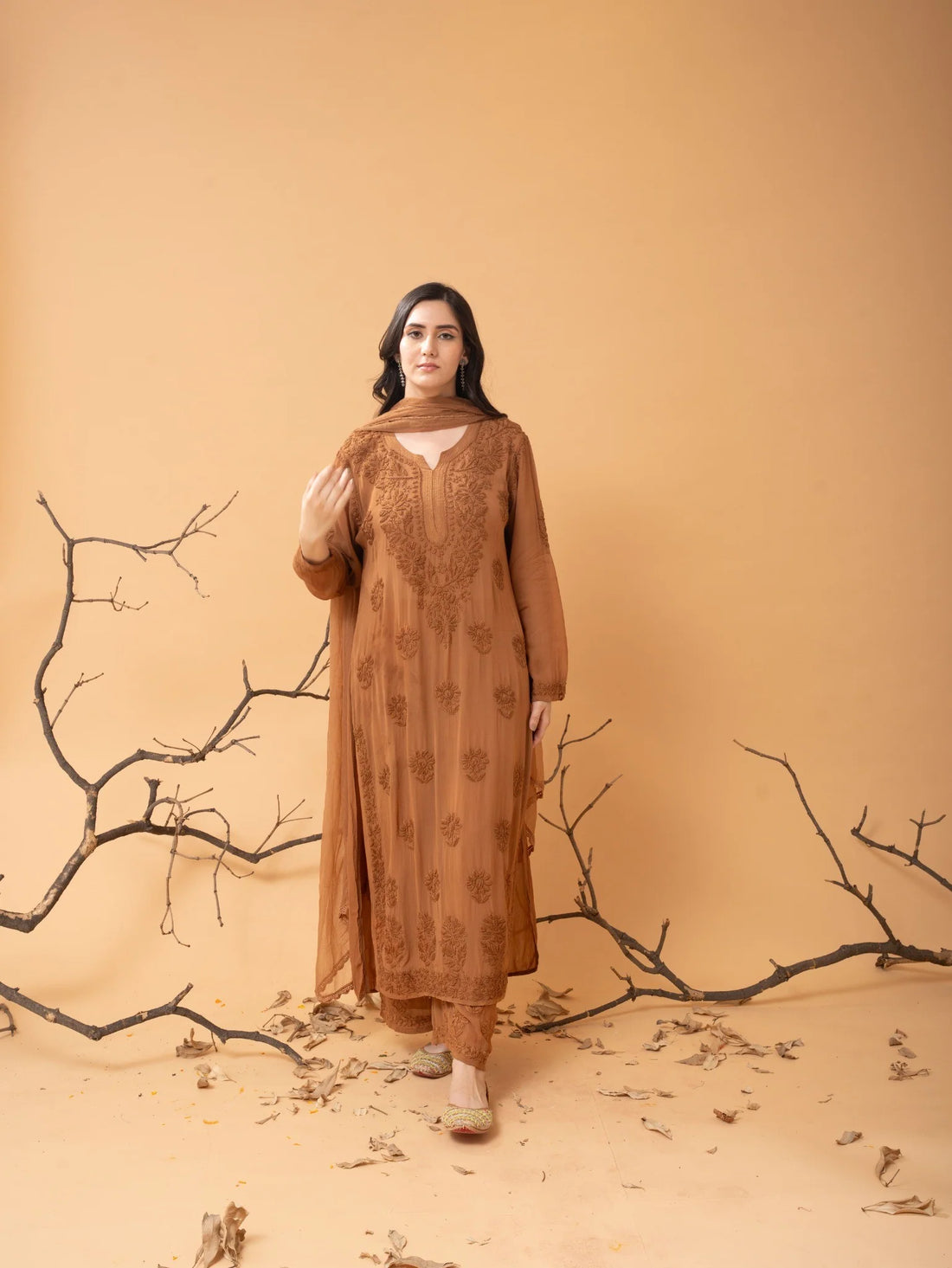 Mocha Blossom Viscose Georgette Straight Chikankari  Kurta Set