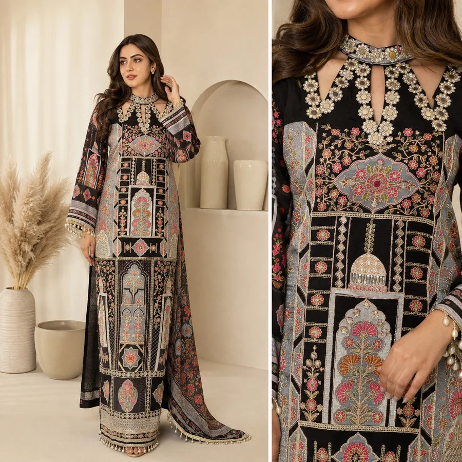 Black & Off-White Hand-Embroidered Long Kaftan