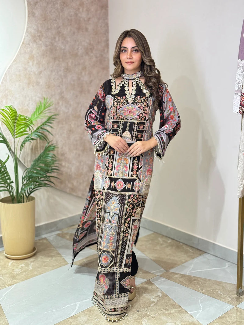 Black & Off-White Hand-Embroidered Long Kaftan