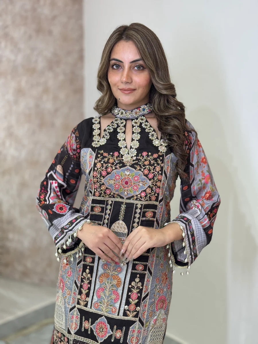 Black & Off-White Hand-Embroidered Long Kaftan
