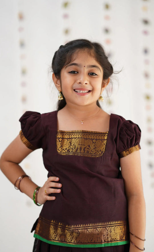 Cotton Pavadai Sattai - Dark Brown & Green