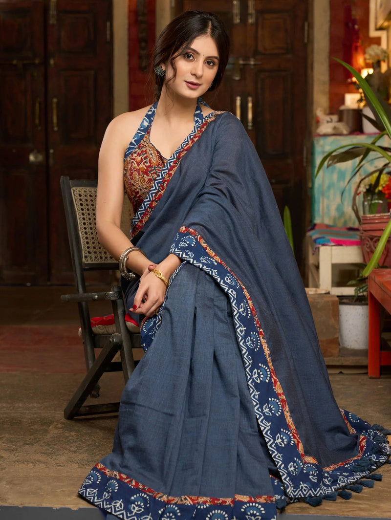 Neelambara Cotton Saree with Kalamkari-Inspired Detailing