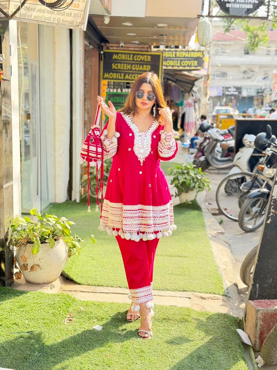 Bebo Cotton Silk Anarkali with Pom-Pom Detailing