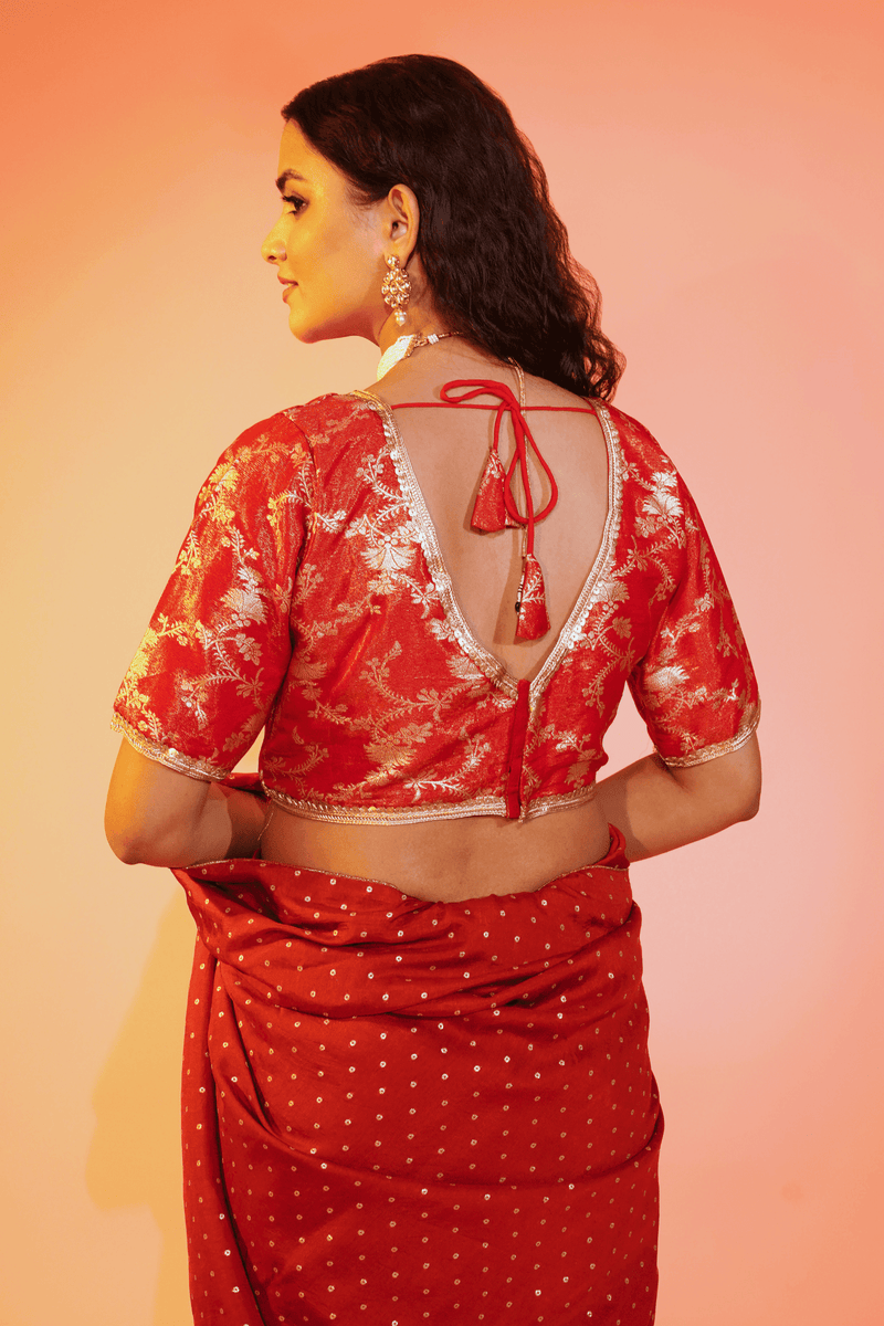 Crimson Brocade Rust Slk Blouse With Sleeves