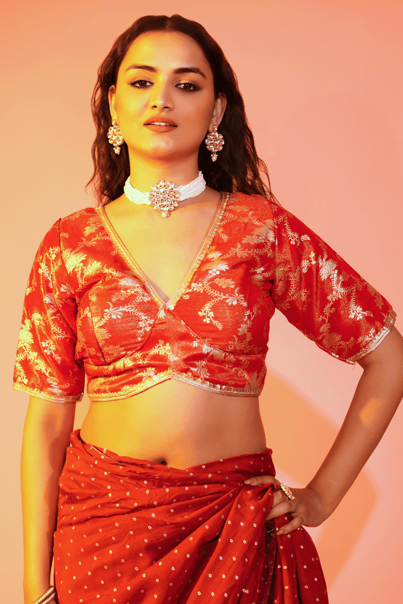 Crimson Brocade Rust Slk Blouse With Sleeves