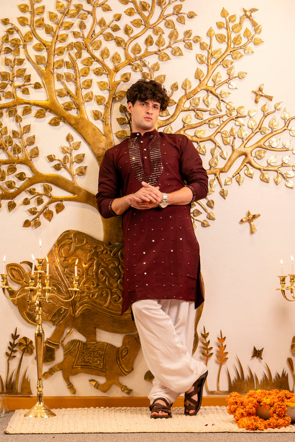 Crimson Red Mirror Work Kurta for Men