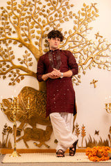 Crimson Red Mirror Work Kurta for Men