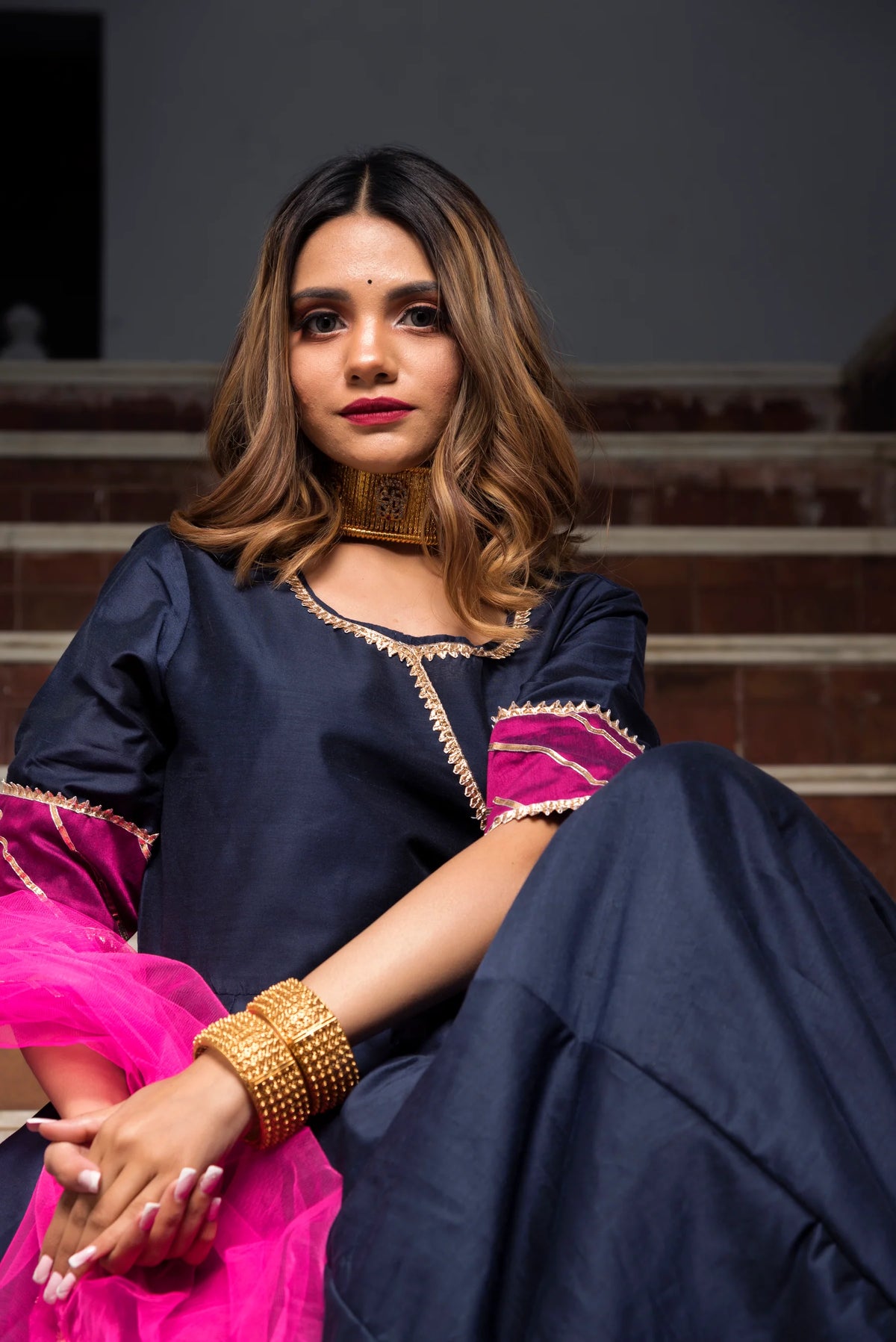 Blue Pink Cotton Silk Angrakha