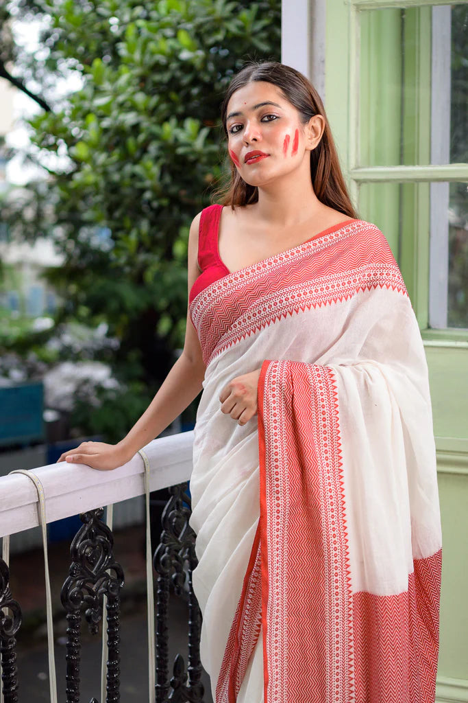 White red pooja saree with blouse piece