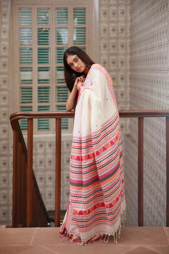 White and Pink Handwoven Saree Online