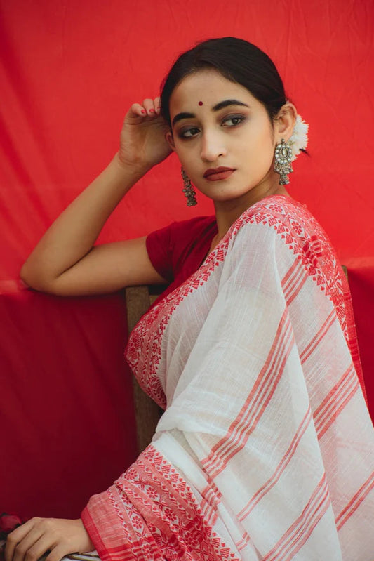 White Red Begampuri Saree 585